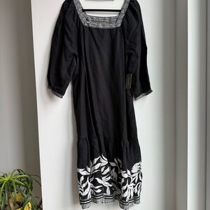 Style & Co Black Linen Blend Midi Dress XL White Leaf Embroidery Boho